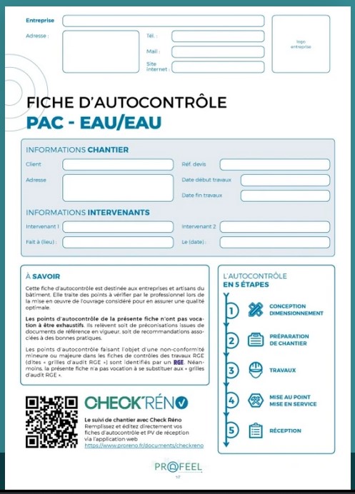 fiche autocontrole installation PAC eau eau / profeel