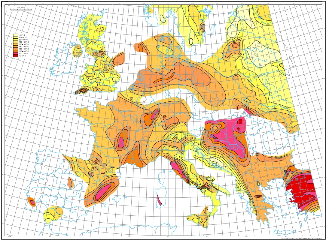 Carte des températures extrapolées à 5 km de profondeur, Geothermal Atlas of Europe © Hermann Haack