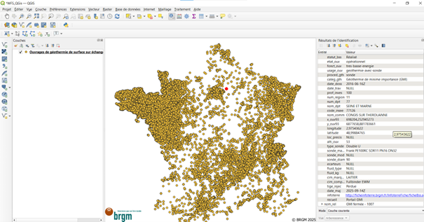 Couche des ouvrages de géothermie sur échangeurs fermés (sondes) en WFS sur QGIS