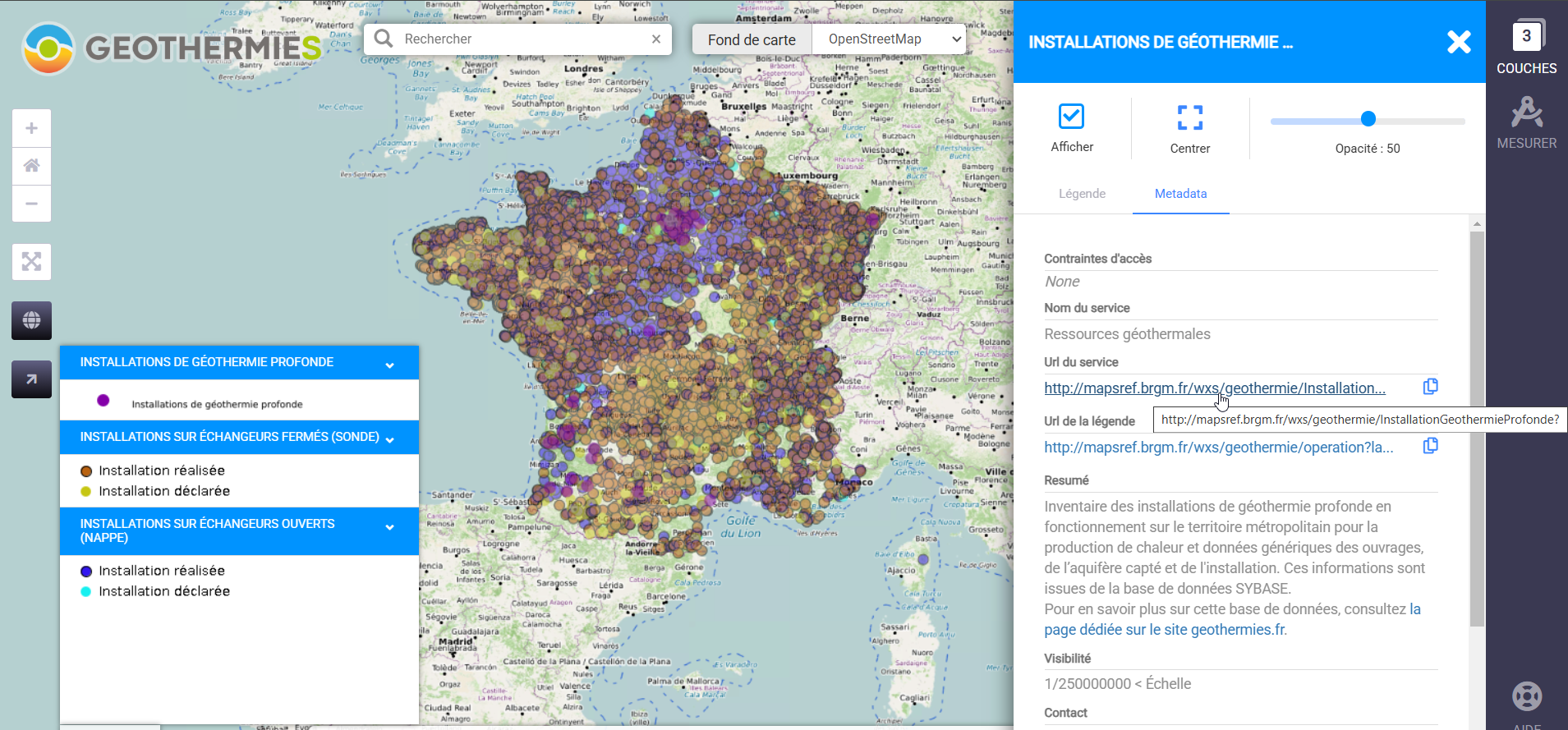 url des webservices WMS ou WFS de Géothermies